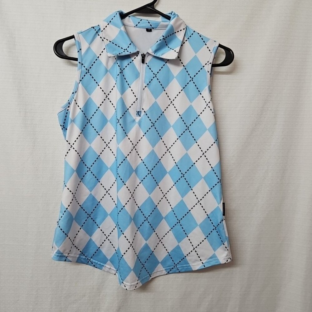 Womens Sz Small Sonoven Argyle Print Top Clueless Preppy Tenniscore Athileisure
